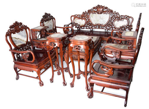 [Chinese] A Set of Rosewood Living Room Set with Marble Inlaid (10 pcs)