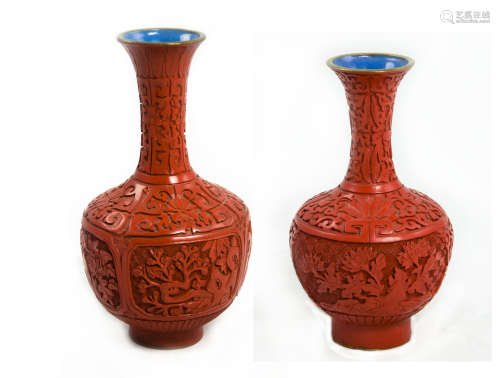 Chinese Cinnabar Lacquerware Vases carved with Chrysanthemum and Four Gentlemen