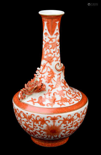 An Old White Porcelain Vase with Alum Red Painted Dragon