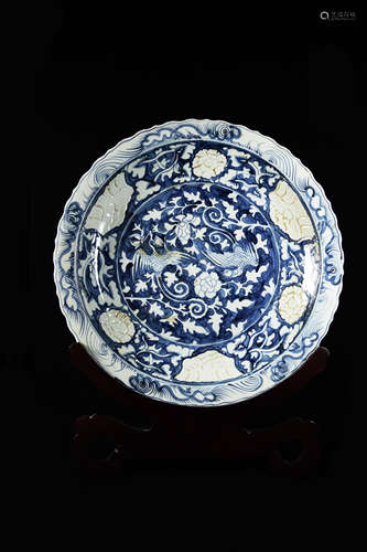 A Large Chinese Reverse Blue and White Porcelain Decorative Plate with Peony and Phoenix, marked 