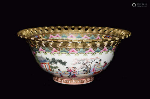 A Guangdong Famille Rose Porcelain Bowl Mounted with Gilt Bronze