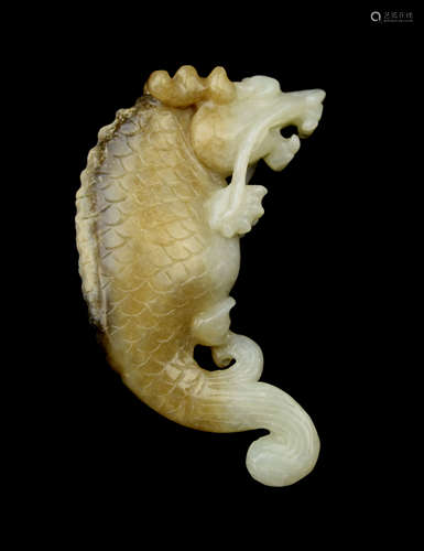 [Chinese] An Old White Jade Dragon Fish Ornament with Mineral Seep Mark