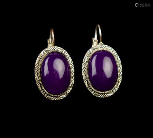 A Pair of Tibetan Silver Earrings with Purple Amber