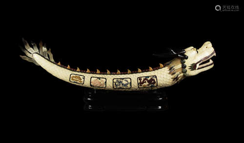 A Large Bone Carved Ivory Tusk Shaped Dragon with Jades Inlaid