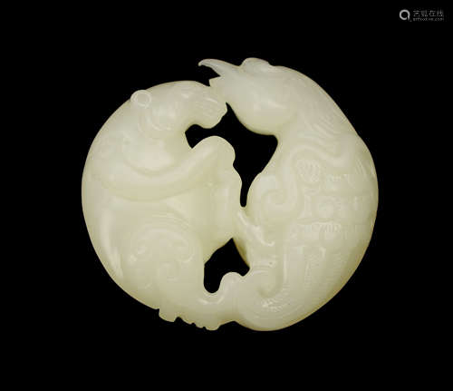 [Chinese] A White Jade Plaque with Design of Blue Bird and White Tiger