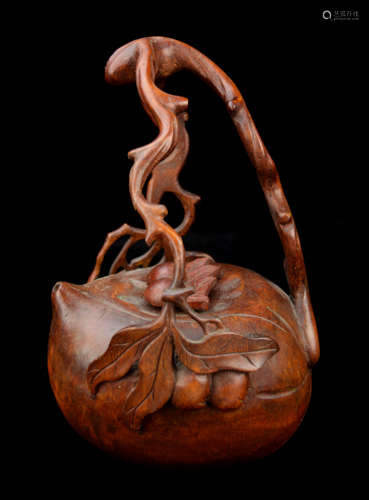 A Bamboo Carved Calabash Style Teapot with Peach Carving (Larger)