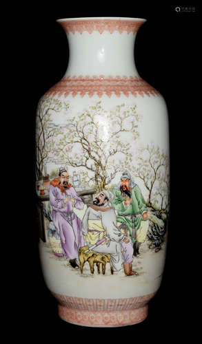 A Republic Era Chinese Famille Rose Porcelain Vase with Portrait of Story from the Romance of the Three Kingdoms, marked as 