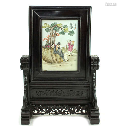 Old Chinese Hardwood Screen with Porcelain Plaque 