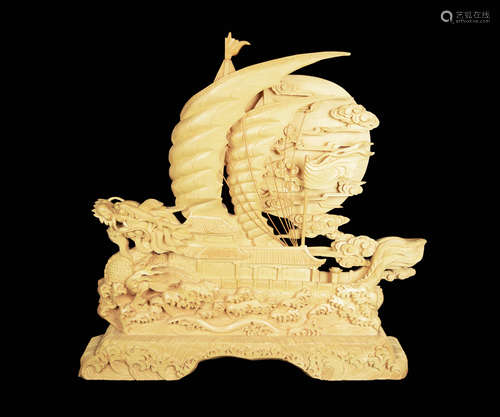 A Chinese Boxwood Carved Dragon Boat Decorative Piece