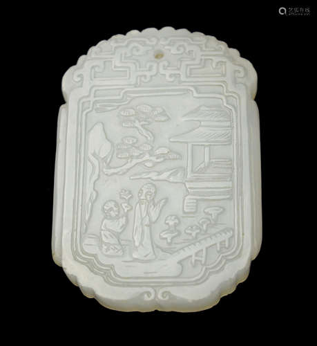 An Old Chinese White Jade Plaque Carved with a Hermit and a Boy