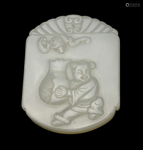 An Old Chinese White Jade Plaque Carved with a Boy Holding Pomegranate