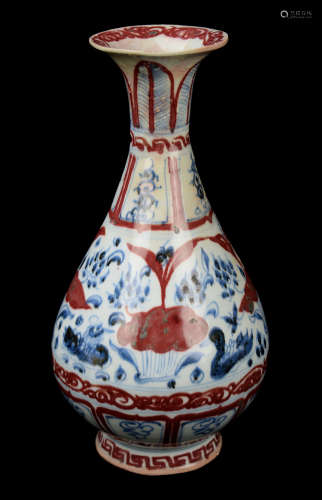 An Old Chinese Yuan Dynasty Style Blue and White with Under Glazed Red Porcelain Long Neck Vase
