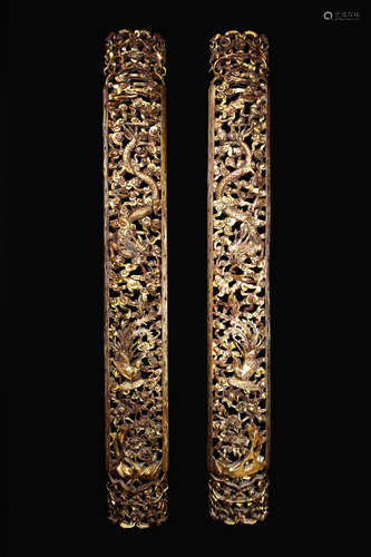 A Pair of Republic Era Chinese Gilt Camphor Wood Hanging Ornament with Hollow Out Dragon and Phoenix Carving