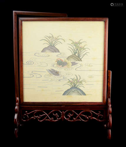 A Framed Old Chinese Hand Woven Art of a Pair of Mandarin Ducks