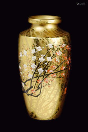 A Gold Leaf Covered Black Lacquered Vase with Plum Flower