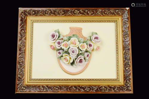 An Italian Vintage Porcelain Rose Bucket on Board with Frame
