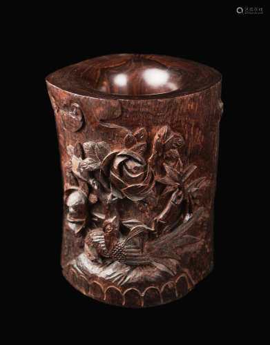 A Chinese Red Siamese Rosewood (Suanzhi) Paint Brush Pot with Peony and Bird Carvings