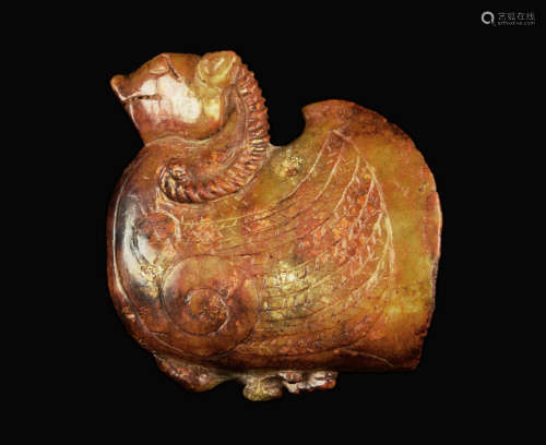 A West Han Dynasty Style Old Jade Figurine of a Cow with Tiger and Phoenix Carving