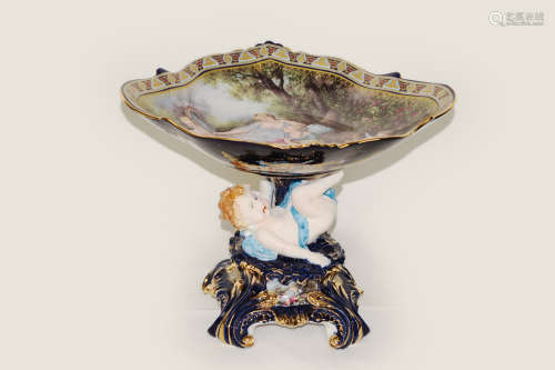 A Continental Indigo Porcelain Rectangular Flat Compote with Portrait and Angel