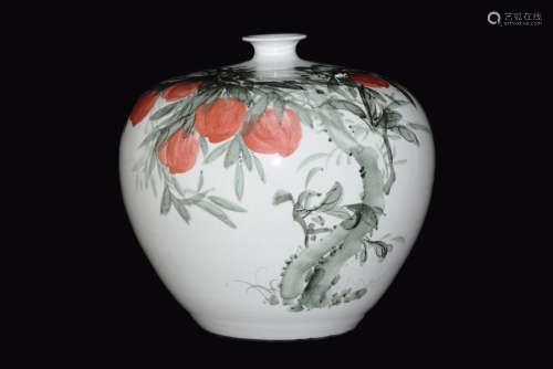 [Chinese] A Large Porcelain Wide Plum Vase Painted with Peach Tree