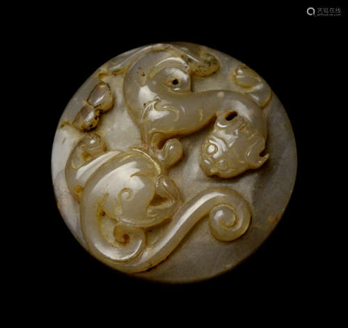 An Old Chinese Grey Jade Round Plaque with Tiger Carving