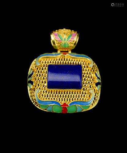 A Gilt Bronze Cloisonne Pendant studded with Lapis Lazuli