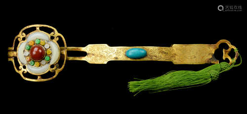 An Old Gilt Bronze Ruyi with White Jade, Agate, and Turquoise