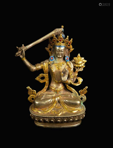 A 19th Century Silver Plated Bronze Tibetan Manjushri Figurine