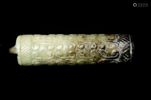 An Old Chinese Green Jade Tube Pendant with Snake Pattern Carving