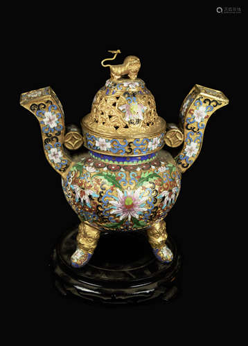 A Chinese Gilt Cloisonne Interlocking Flower Tripod Incense Burner