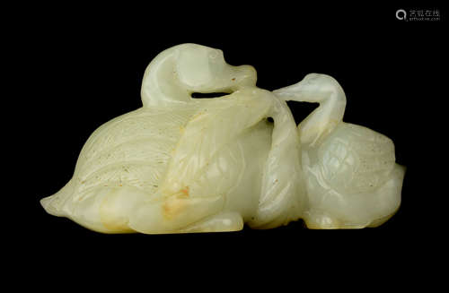 [Chinese] An Old White Jade Ornament Carved with a Pair of Duck