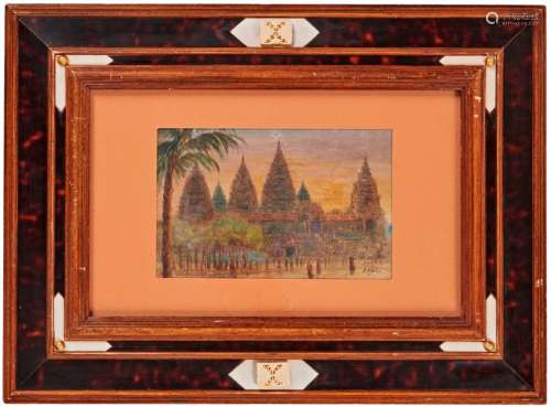 Vue des temples d'Angkor Vat. Aquarelle sur papier...