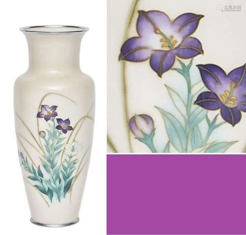 GRAND VASE CLOISONNE A FOND CREME RYTHME DE FLEURS...