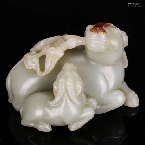 CHINESE CELADON JADE CARVED RAM GROUP