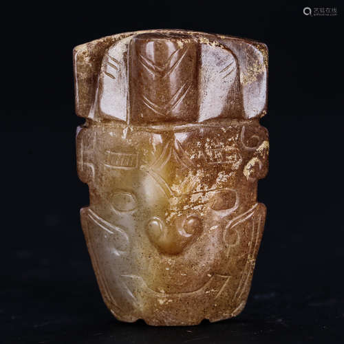 CHINESE ARCHAIC JADE FIGURAL MASK