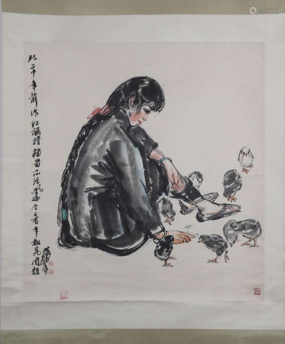 CHINESE INK AND COLOR PAINTING OF A GIRL