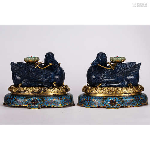 CHINESE LAPIS MANDARIN DUCK WITH CLOISONNE, PAIR