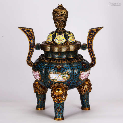 CHINESE CLOISONNE TRIPOD COVER CENSER WITH ENAMEL