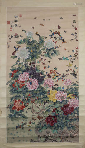 CHINESE INK AND COLOR PAINTING OF FLOWERS AND BUTTERFLIES