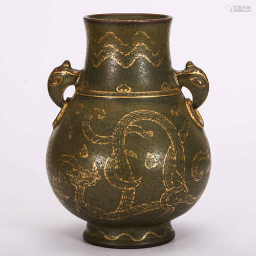 CHINESE GILDED TEA DUST GLAZED ZUN VASE