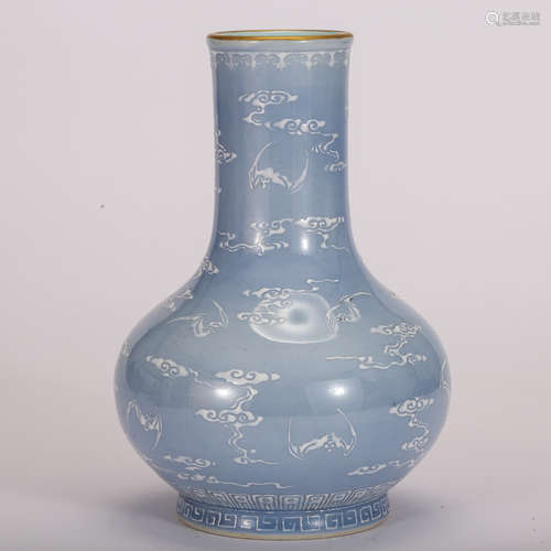 CHINESE BLUE GLAZED PORCELAIN VASE WITH BAT MOTIF