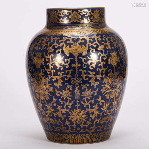 CHINESE GILDED BLUE GROUND PORCELAIN JAR