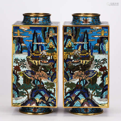 CHINESE CLOISONNE CONG VASE WITH LANDSCAPE, PAIR