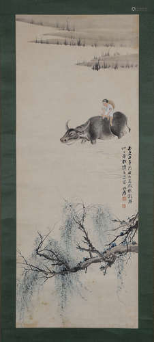 CHINESE INK AND COLOR PAINTING OF BOY AND WATER BUFFALO