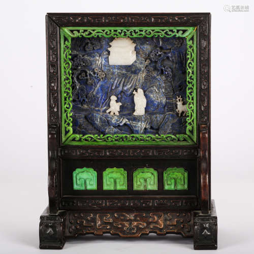 CHINESE HARDWOOD TABLE SCREEN WITH LAPIS INLAID