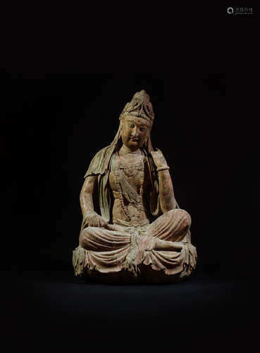 CHINESE POLYCHROME WOODEN FIGURE OF GUANYIN