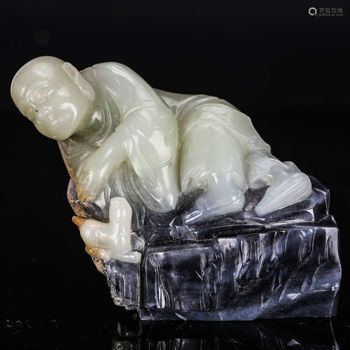 CHINESE CELADON JADE FIGURE OF LOHAN