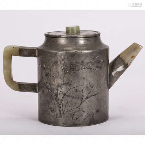 CHINESE PEWTER TEAPOT WITH JADE