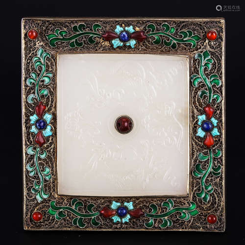 CHINESE WHITE JADE ON SILVER WIRE FRAME