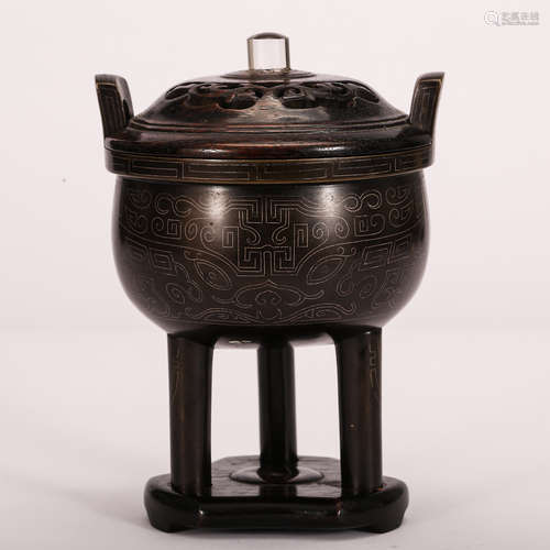 CHINESE BRONZE CENSER WITH SILVER WIRE INLAID